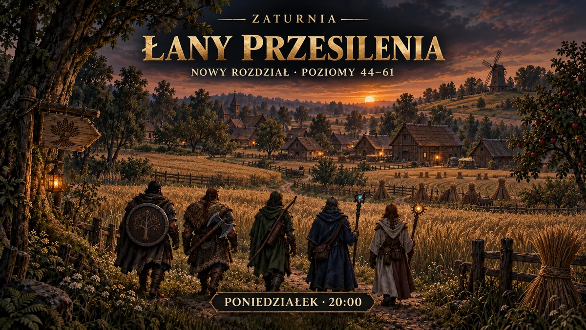 Łany Przesilenia — wędrowcy, pola, sady i Snopowice o zachodzie słońca